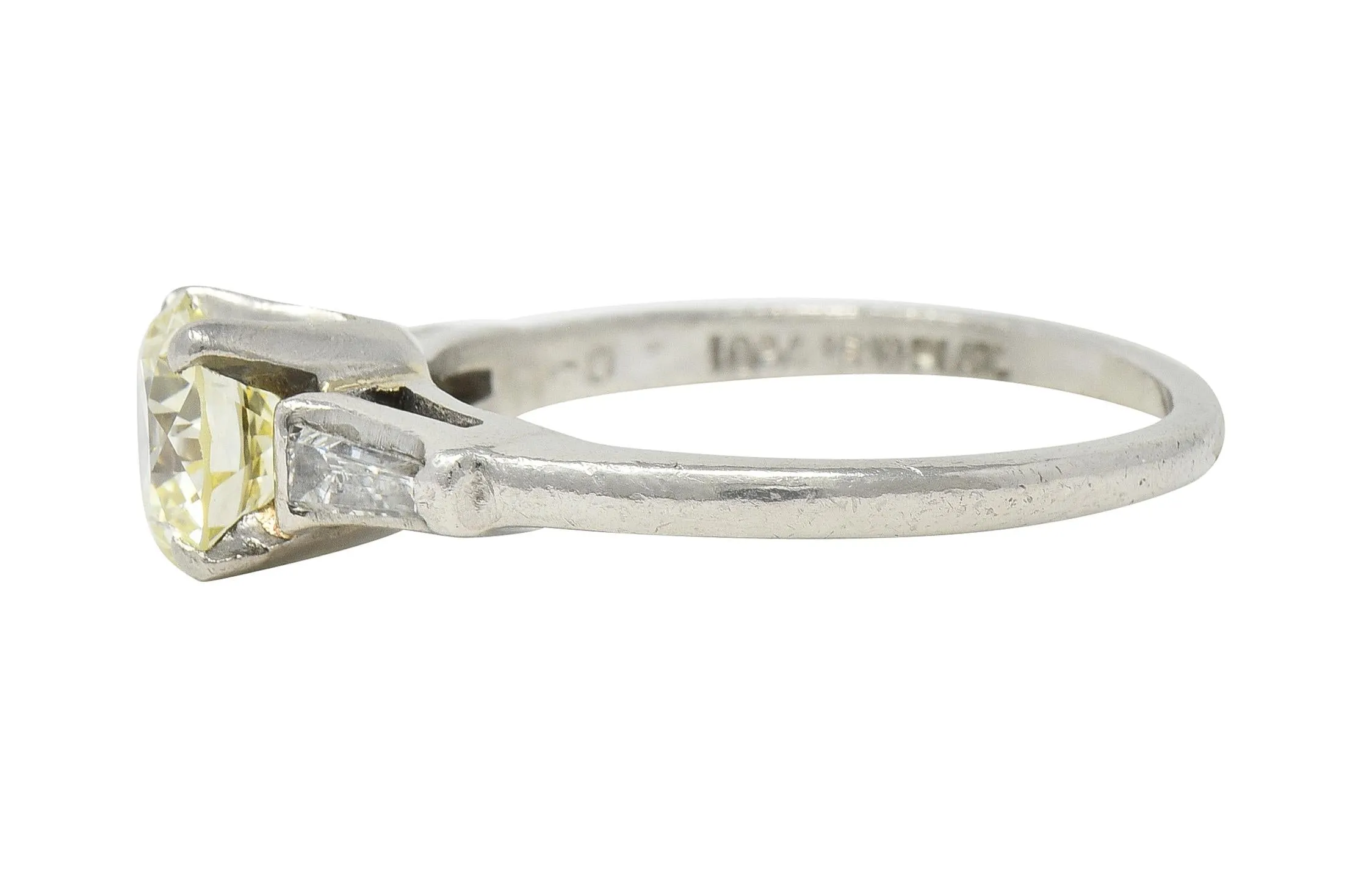 1950s Mid Century 1.50 CTW Transitional Diamond Platinum Three Stone Vintage Engagement Ring