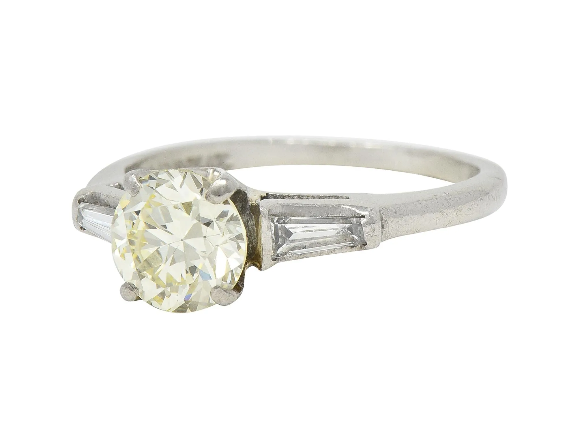 1950s Mid Century 1.50 CTW Transitional Diamond Platinum Three Stone Vintage Engagement Ring