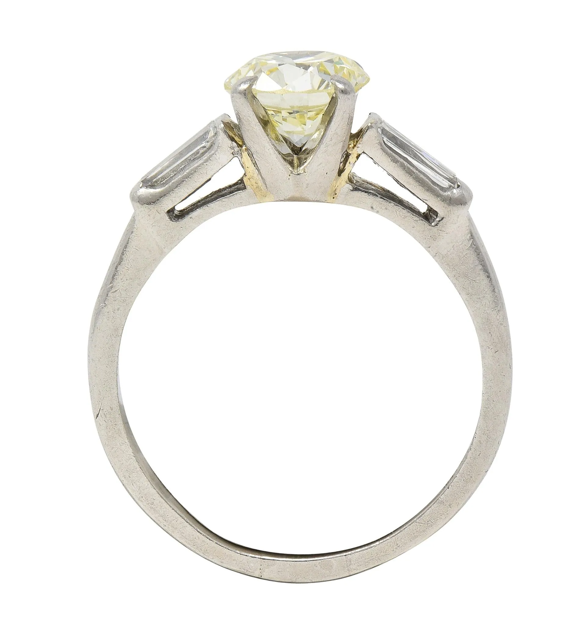 1950s Mid Century 1.50 CTW Transitional Diamond Platinum Three Stone Vintage Engagement Ring