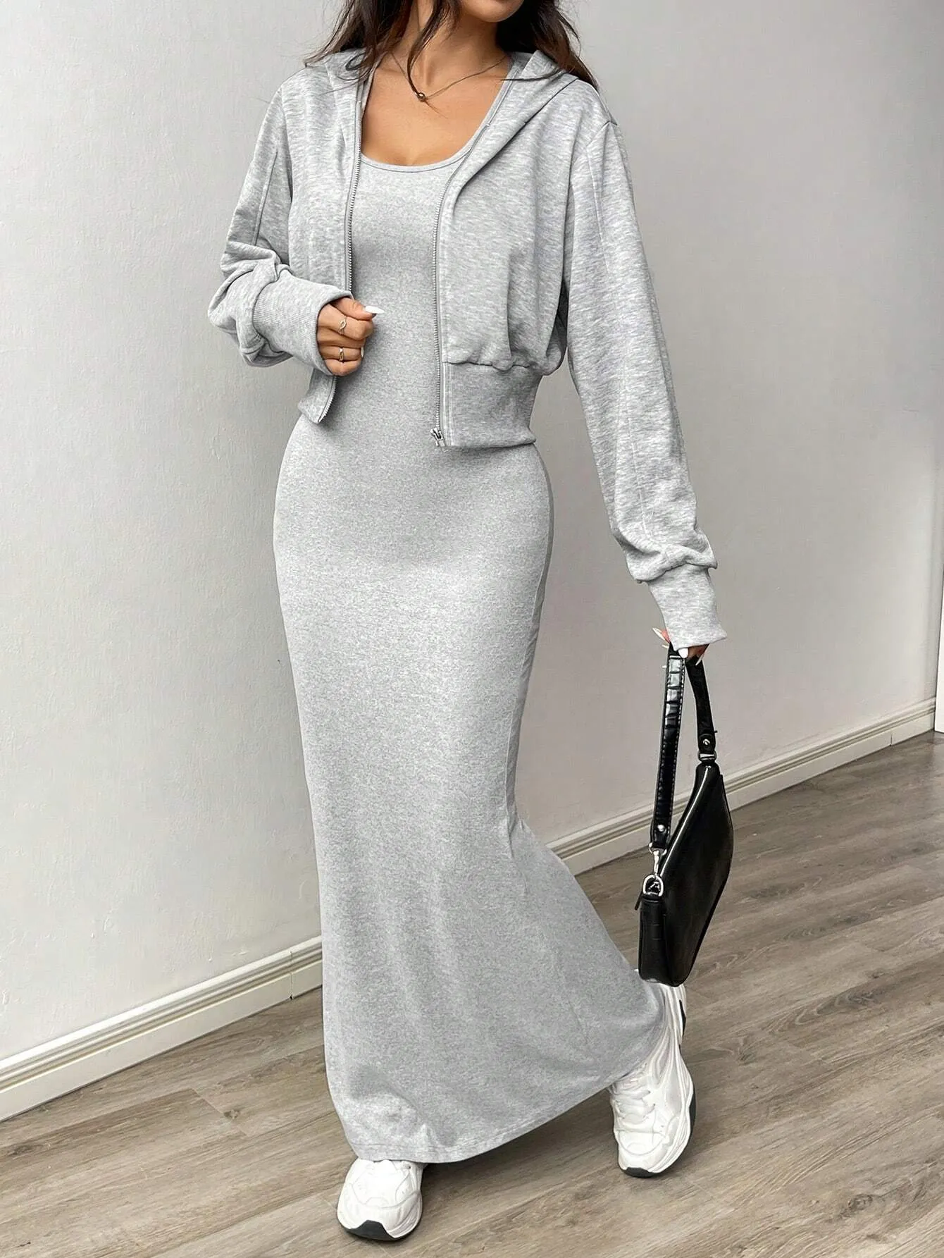 2pcs/Set Gray Round Neck Sleeveless Dress And Zip-Up Hoodie Sweatshirt Set