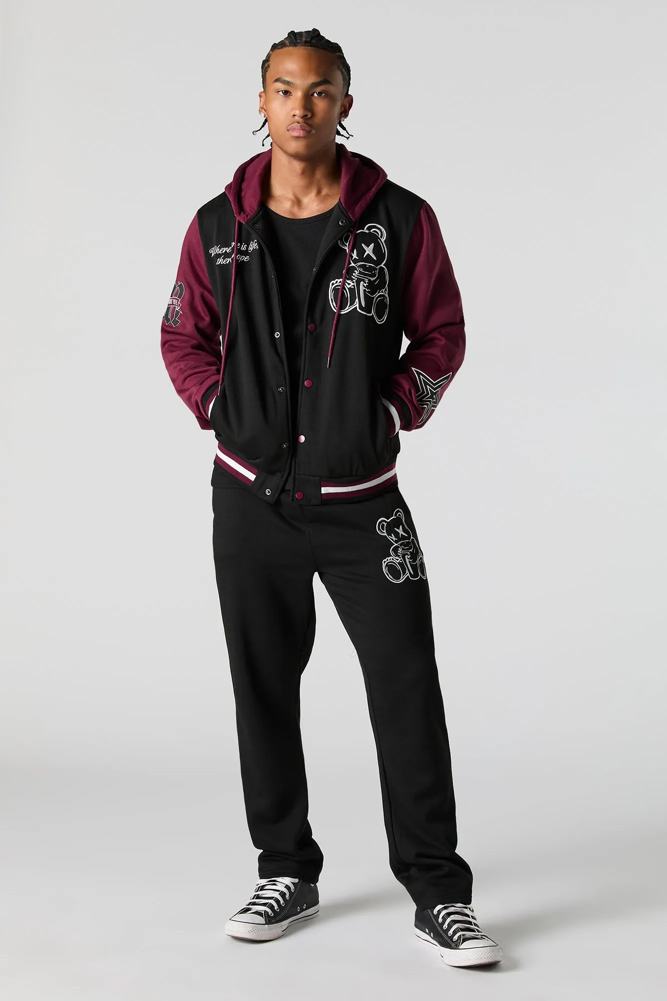 Bear Embroidered Fleece Varsity Jacket