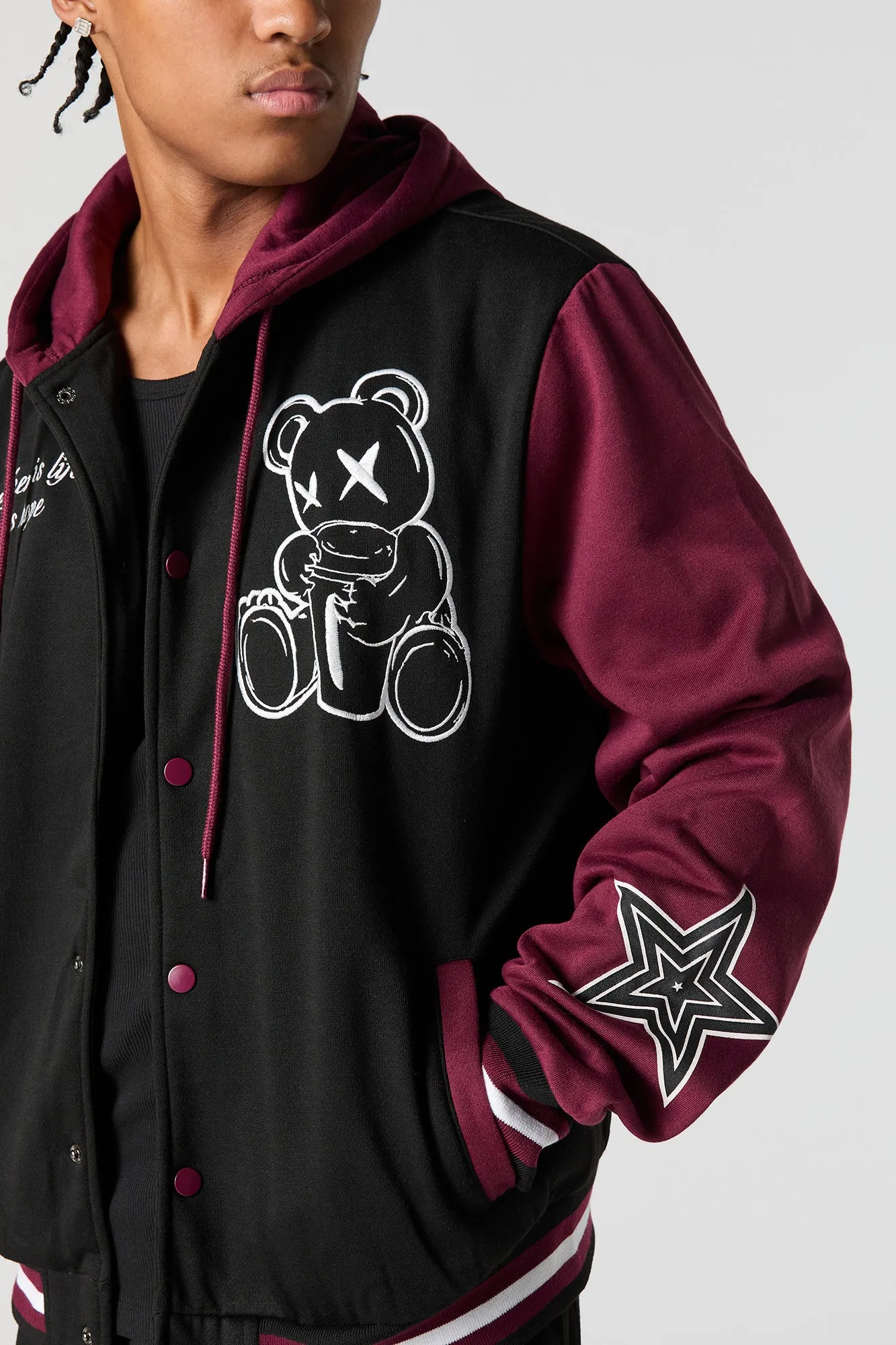 Bear Embroidered Fleece Varsity Jacket