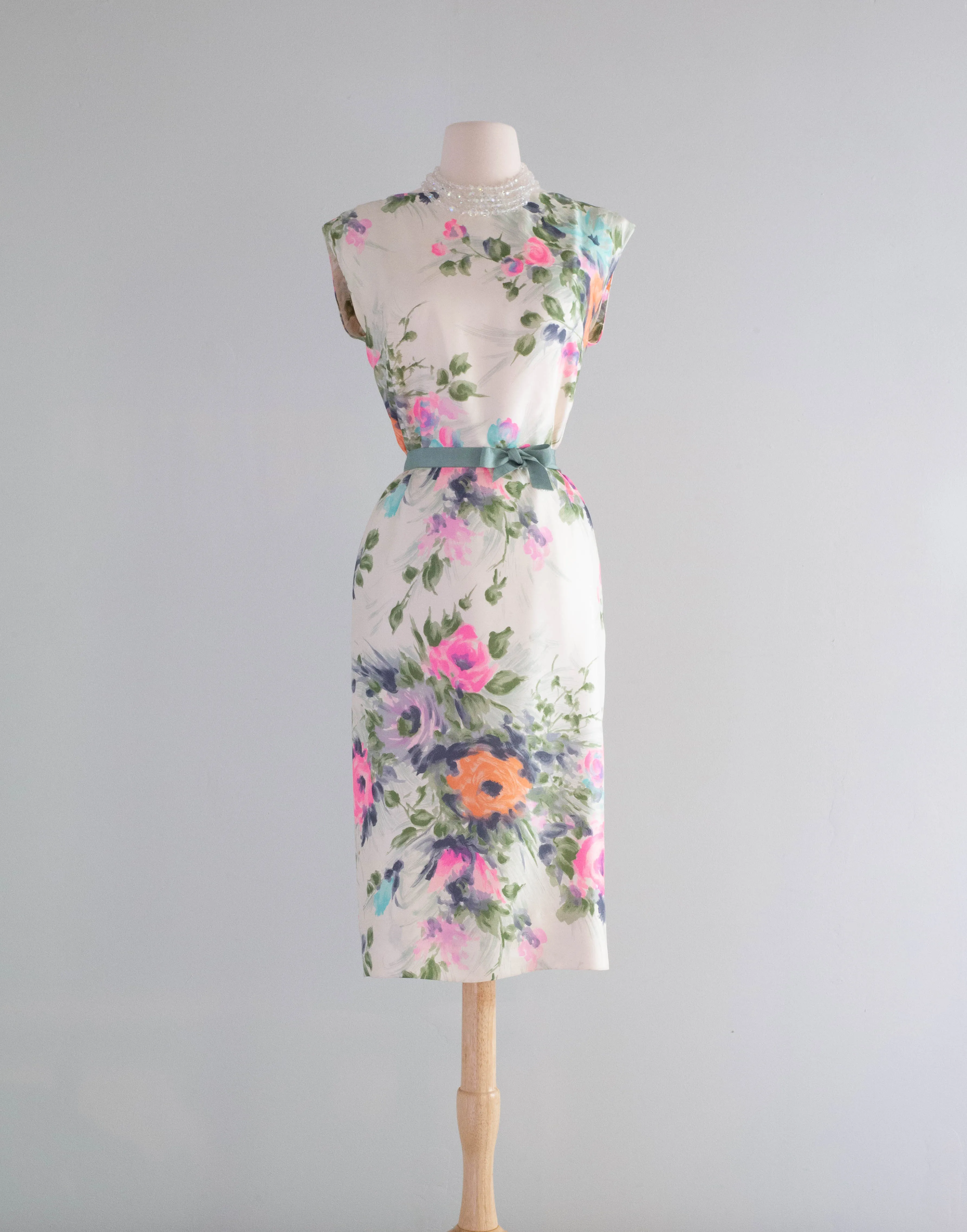 Beautiful 1950's Silk Watercolor Floral Print Cocktail Dress / Medium