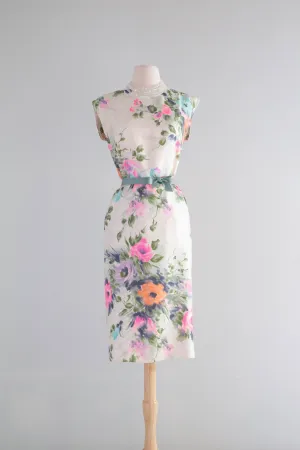 Beautiful 1950's Silk Watercolor Floral Print Cocktail Dress / Medium