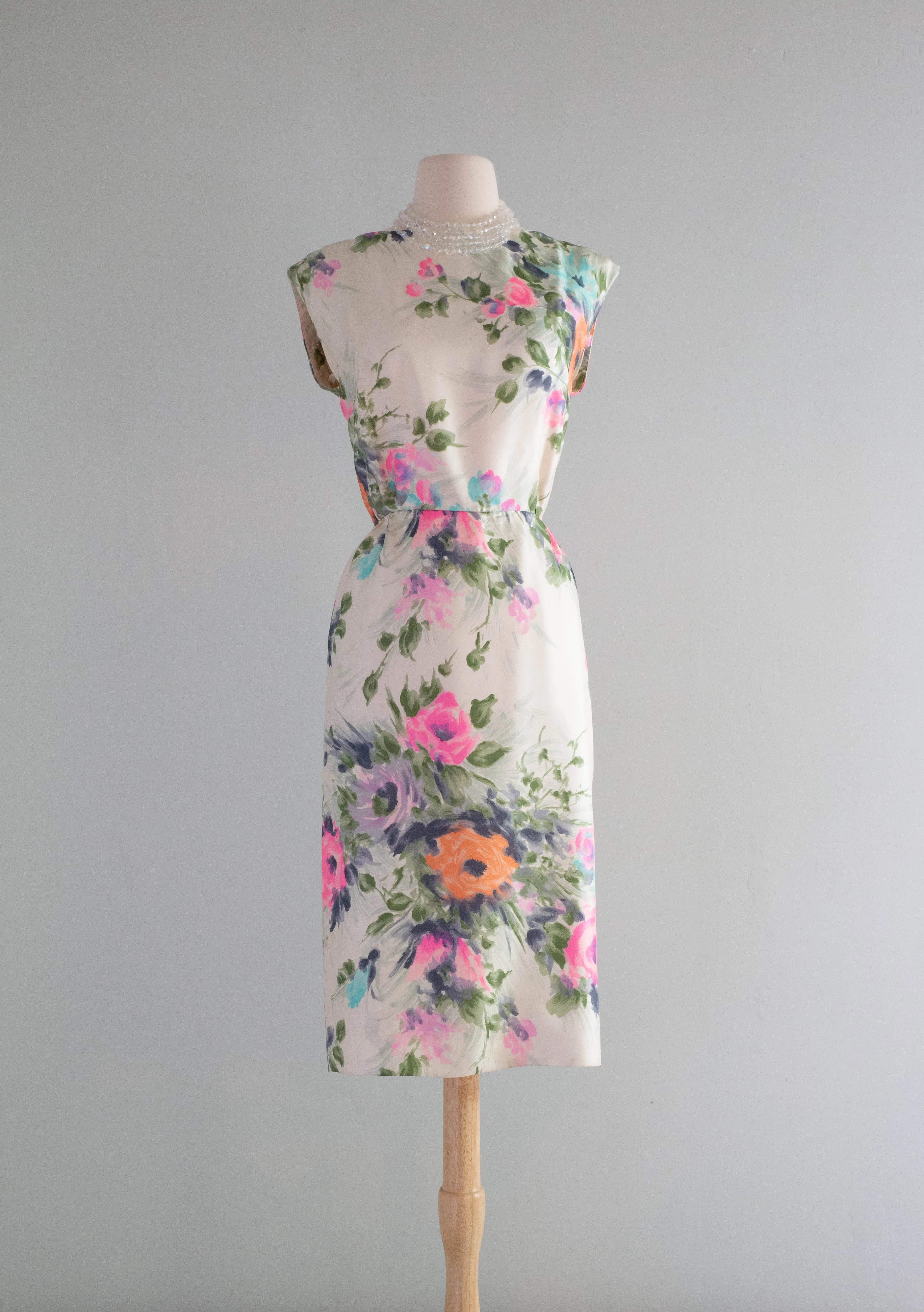 Beautiful 1950's Silk Watercolor Floral Print Cocktail Dress / Medium