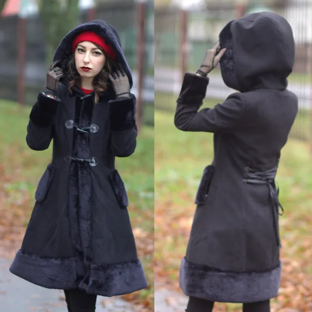 Black Flocking Winter Overcoat Hooded Vintage Gothic Trench Coat