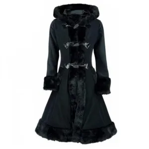 Black Flocking Winter Overcoat Hooded Vintage Gothic Trench Coat