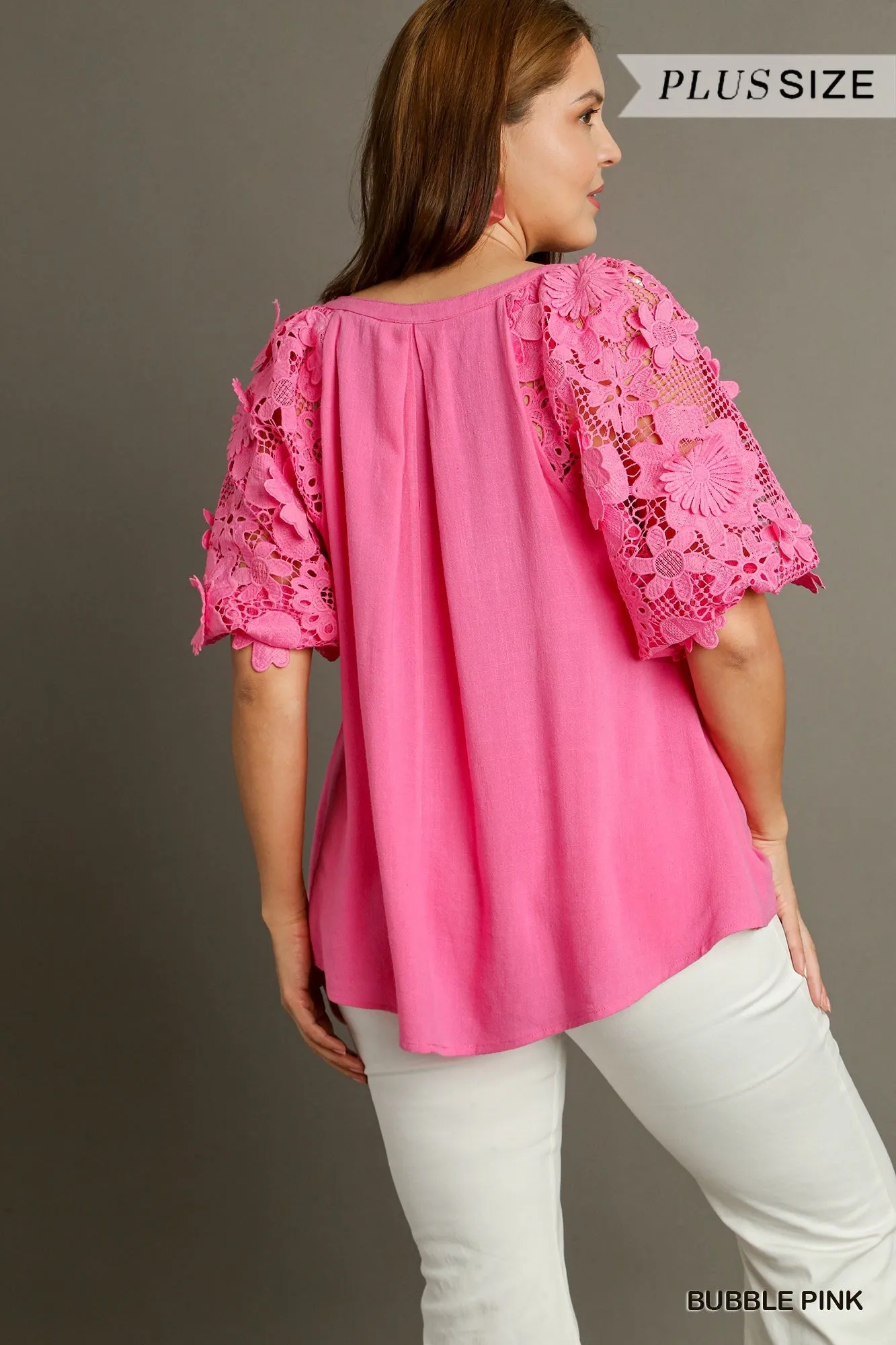 Bubble Gum Pink Linen Blend Top w/ Floral Lace Puff Sleeves