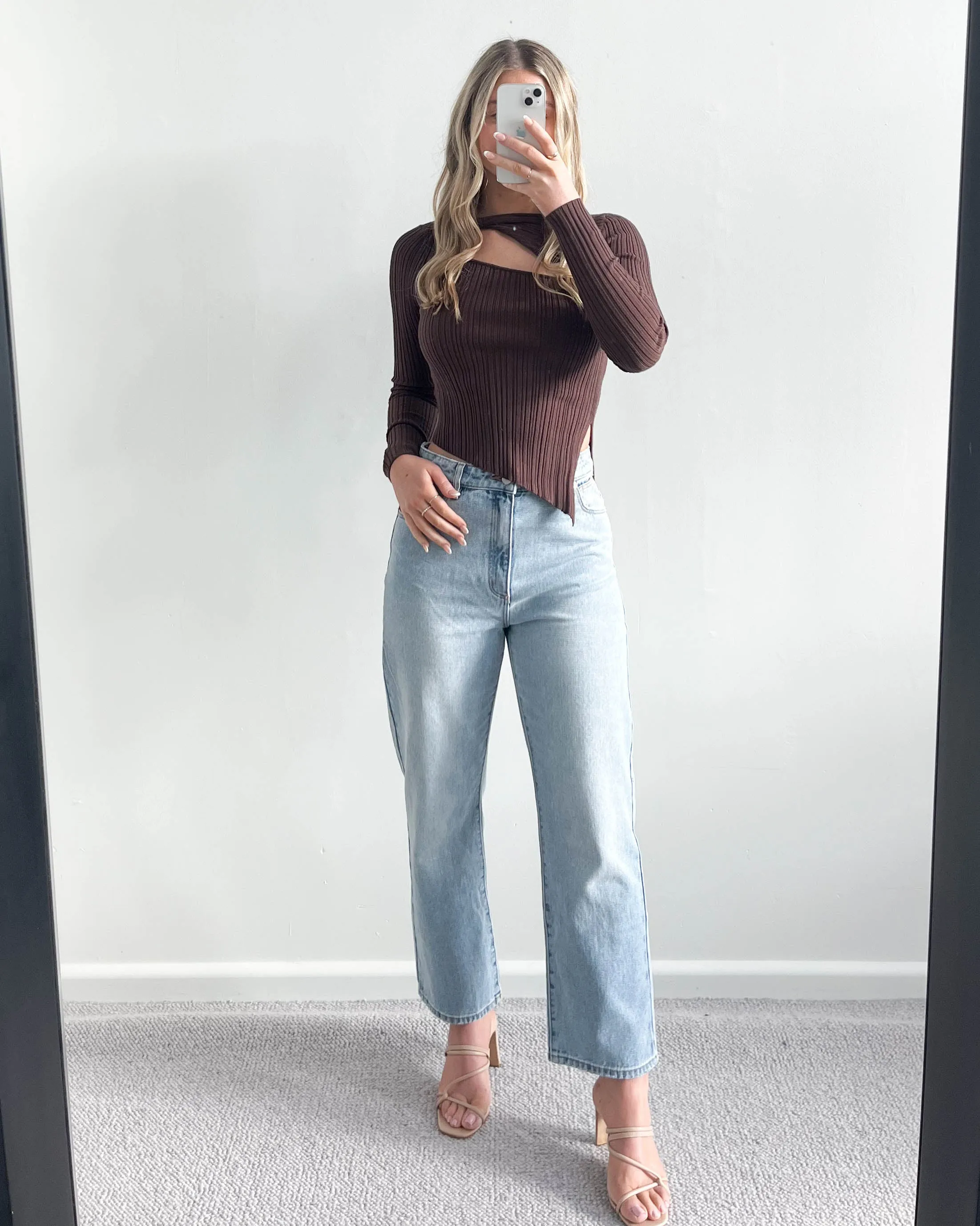 Chels Asymmetric Cut Out Knit Top Brown