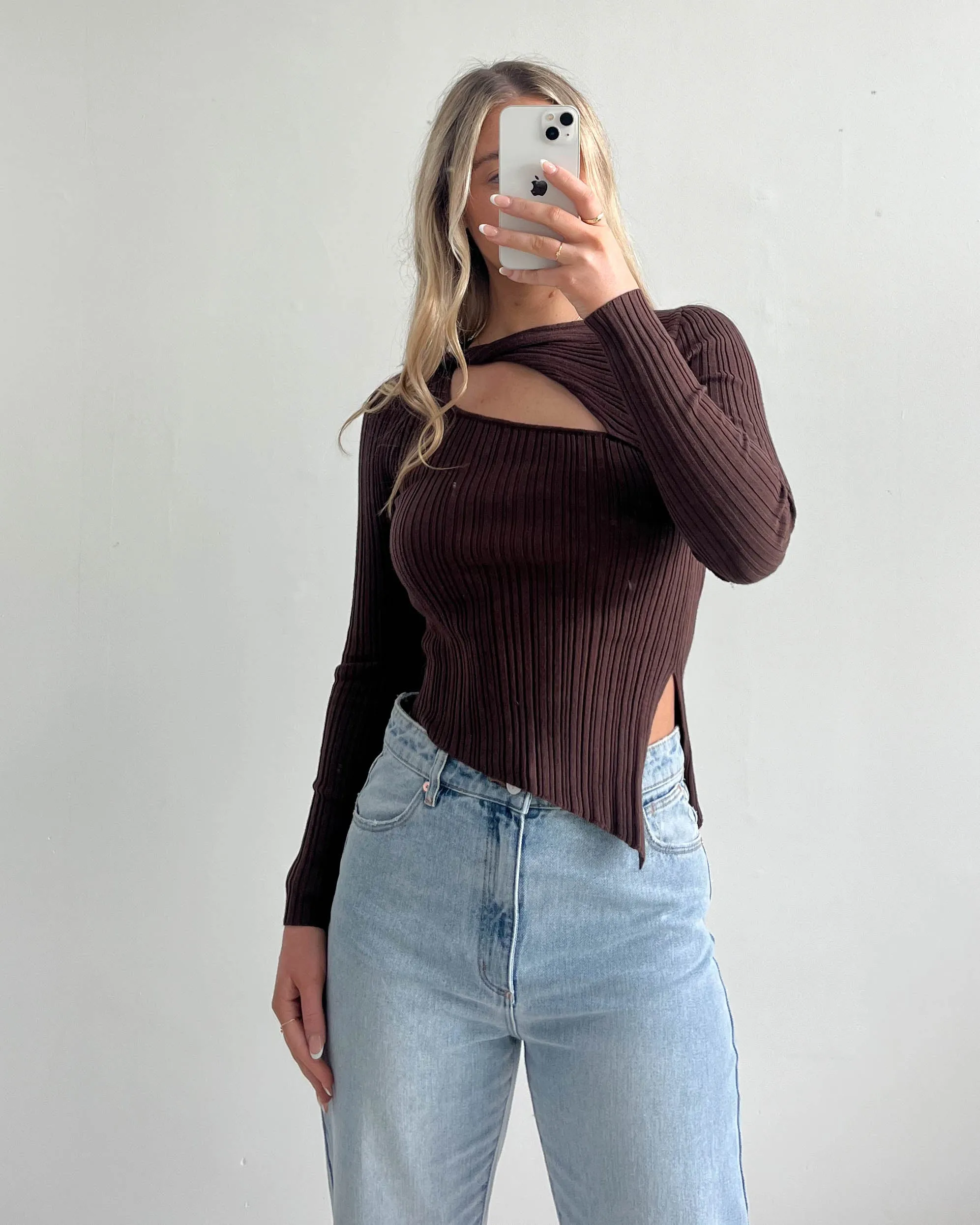 Chels Asymmetric Cut Out Knit Top Brown