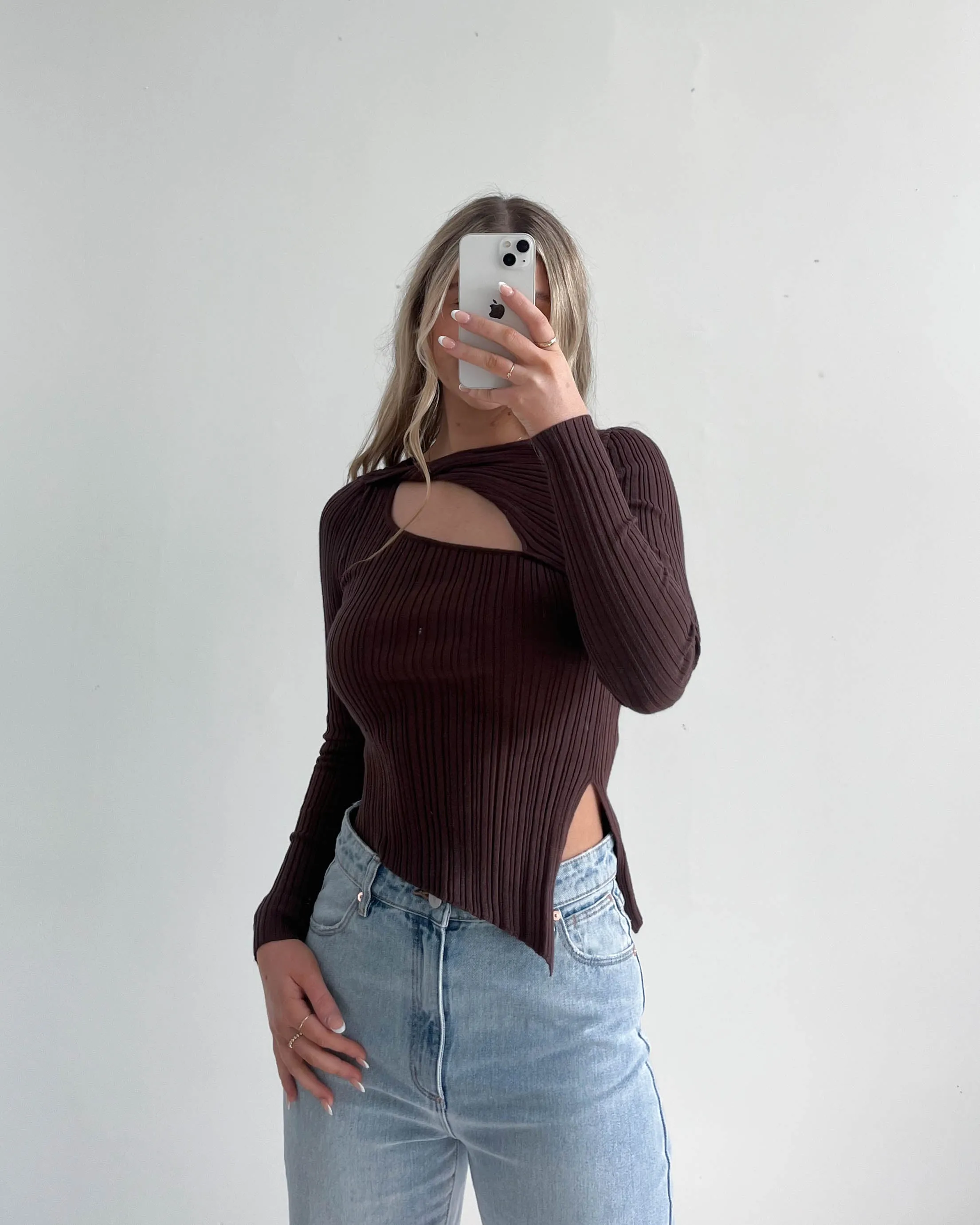 Chels Asymmetric Cut Out Knit Top Brown