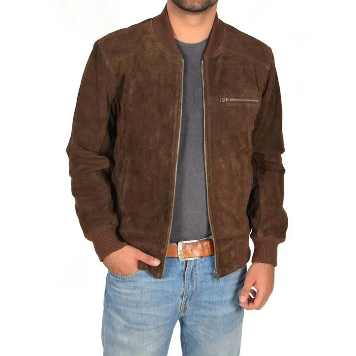 Chocolate Brown Suede Bomber Jacket Men's