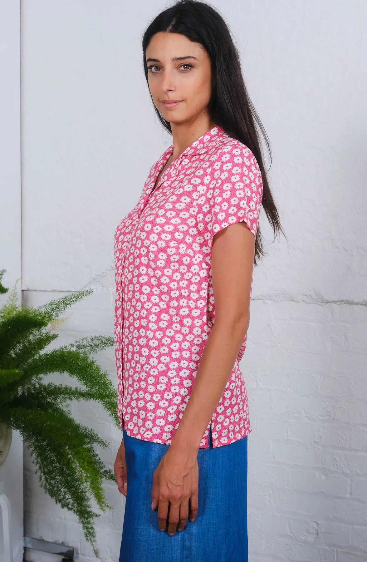 Ella Blouse in Pink Daisies Print