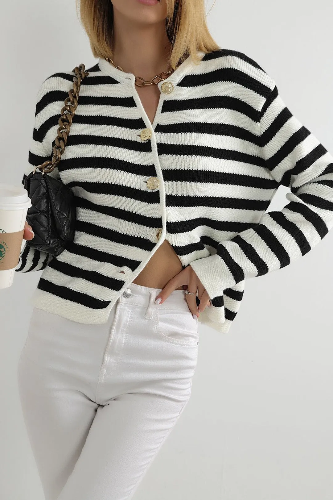 Female Striped Bike Collar Homeland Gold Button Detailed Knitwear Cardigan