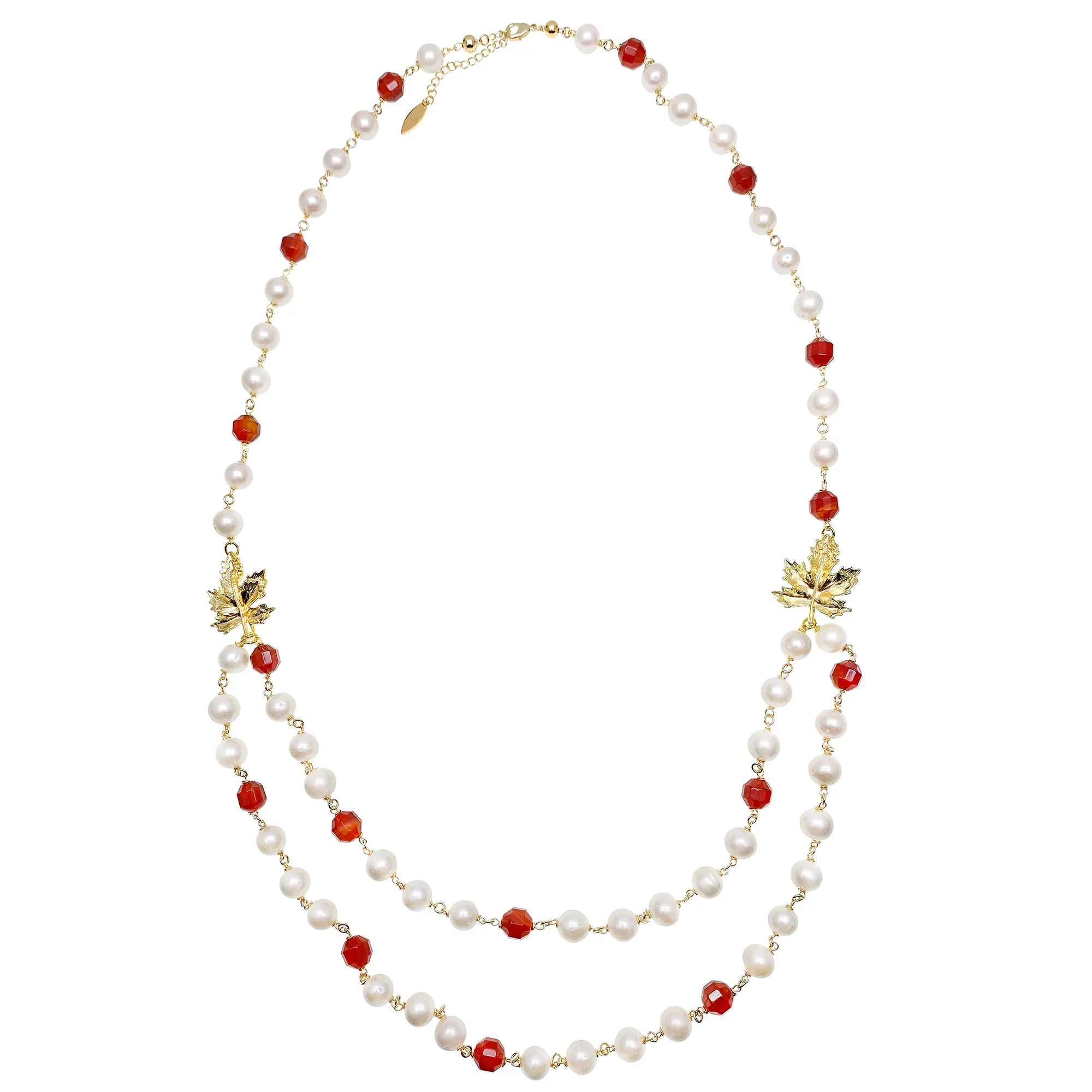 Freshwater Pearl With Red Agate And Maple Leaves Charm Long Chain Necklace HN031