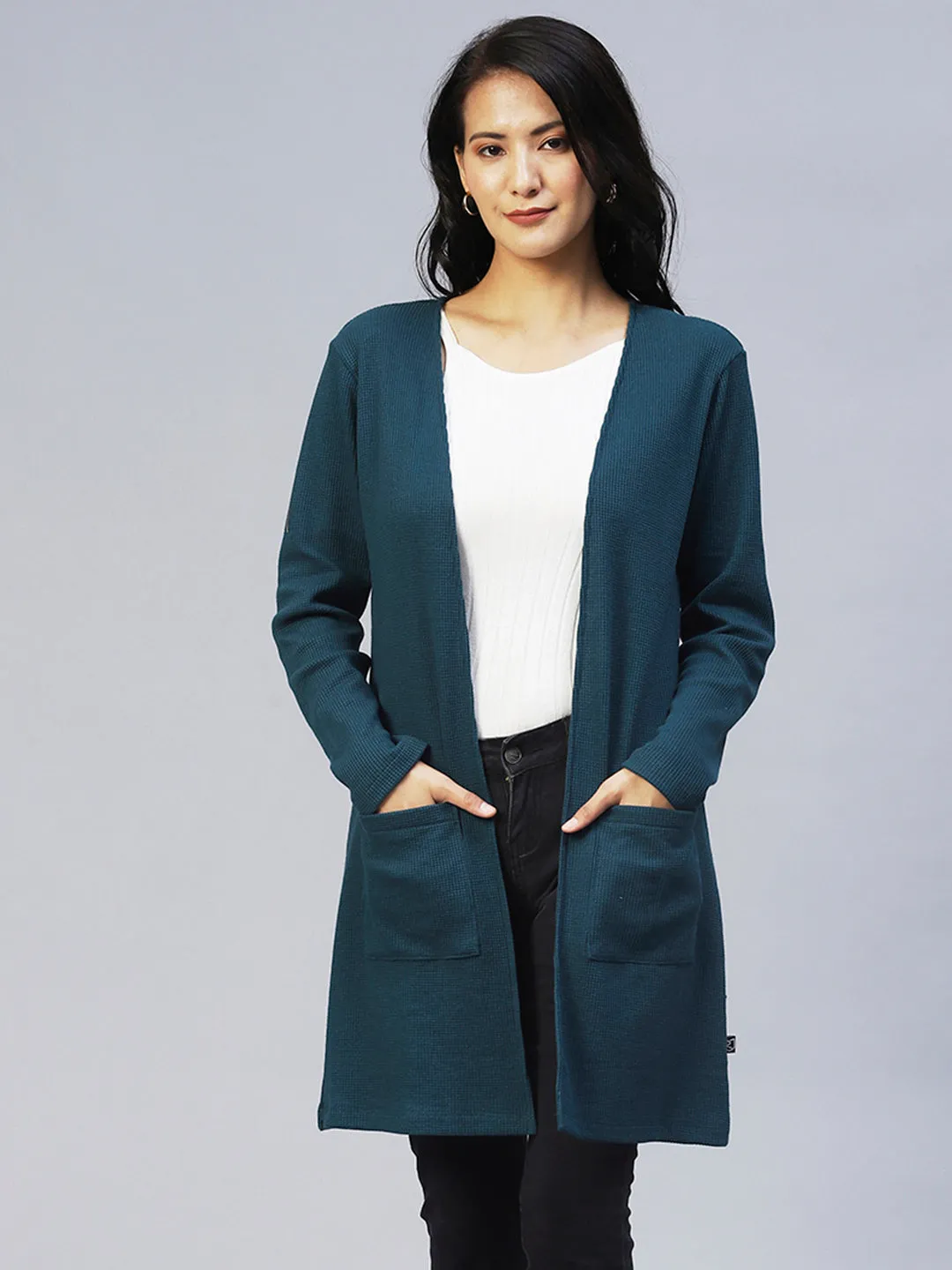 Front Open Waffle Knit Long Shrug