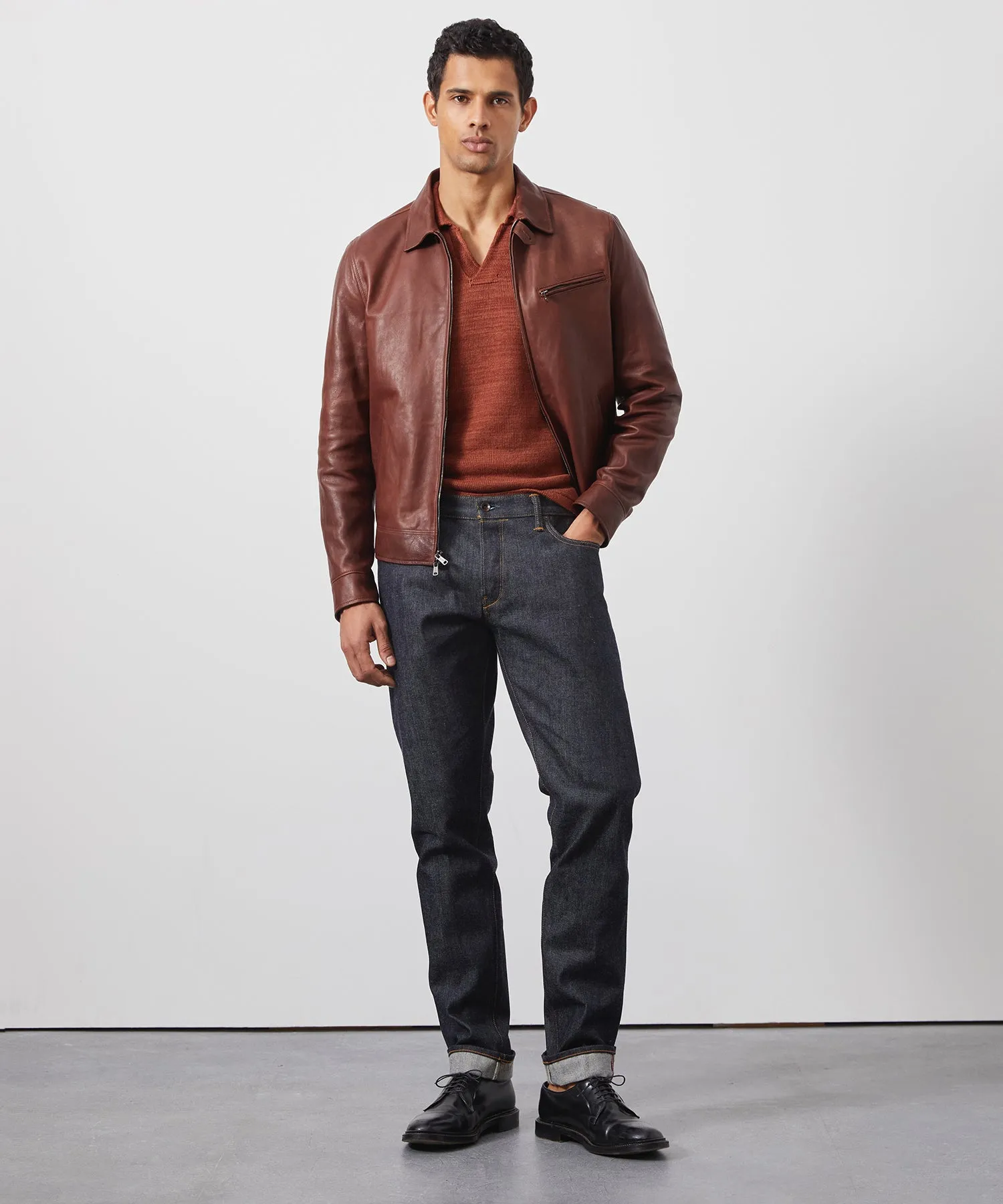 Italian Burnished Leather Dean Jacket in Brown