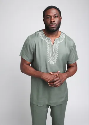 Izibili Men's African Embroidered Linen Blend Tunic Shirt (Olive)