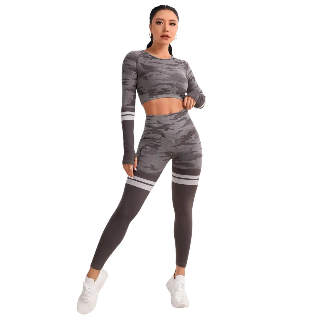 Leah Camo Print Striped Workout Set