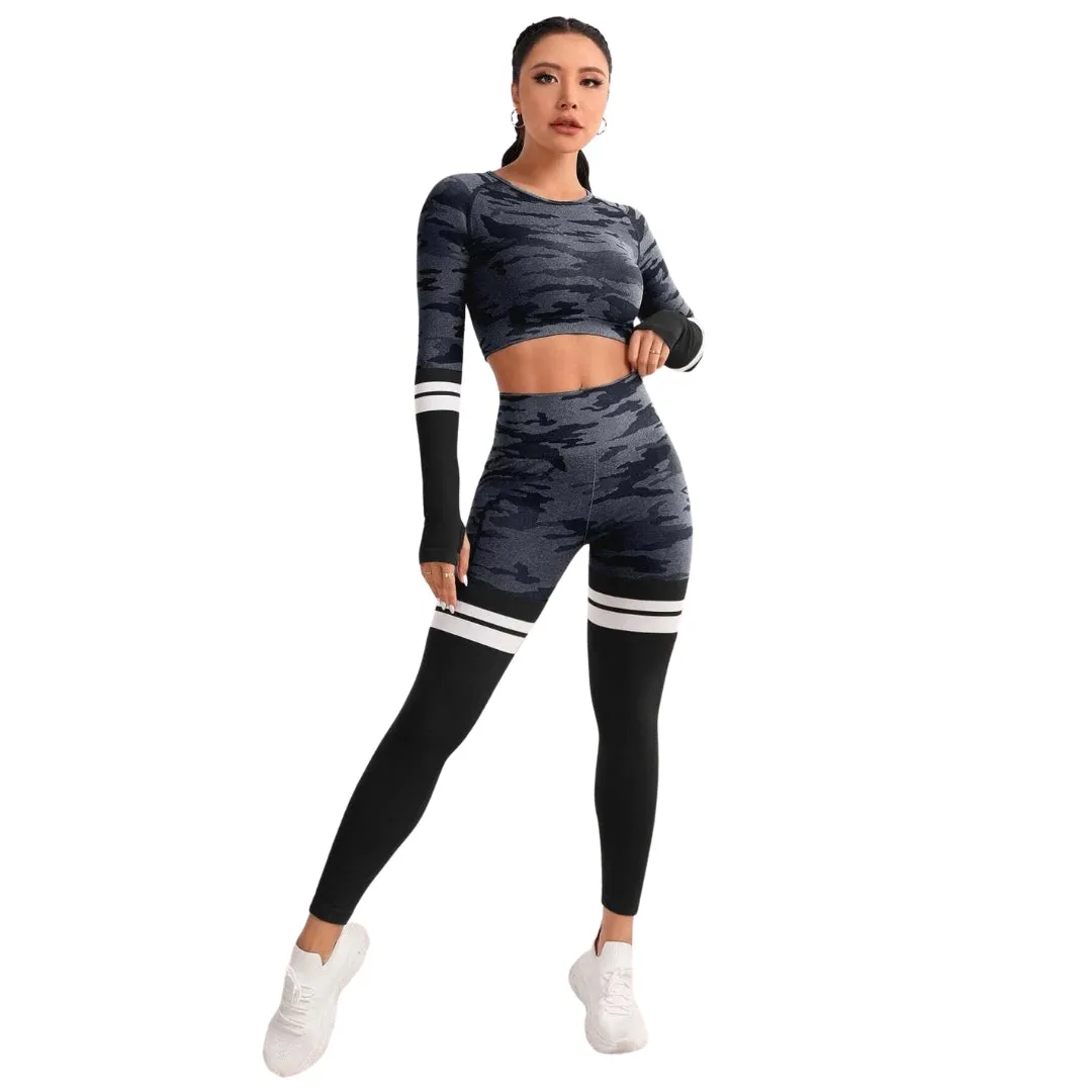 Leah Camo Print Striped Workout Set