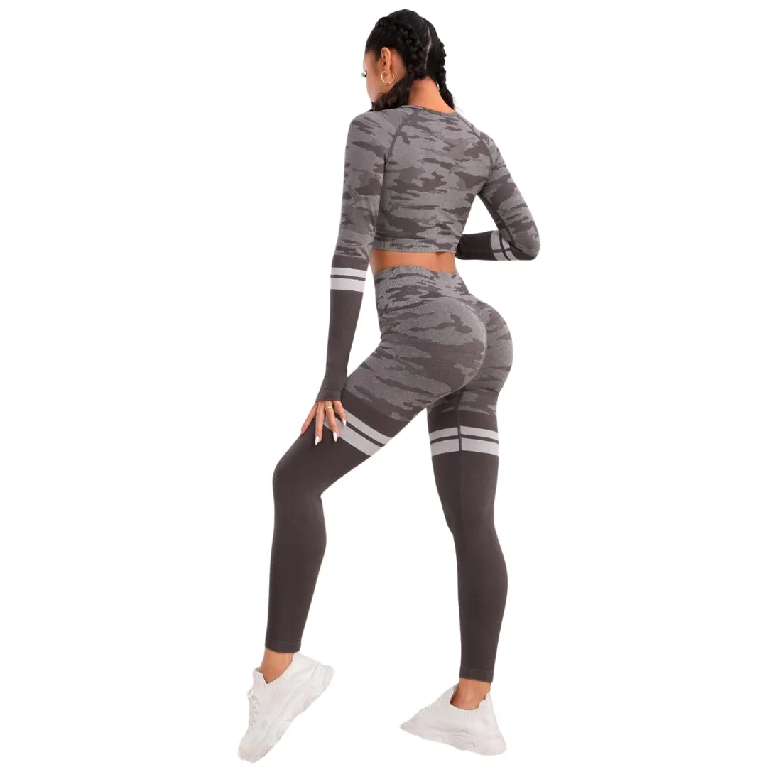 Leah Camo Print Striped Workout Set