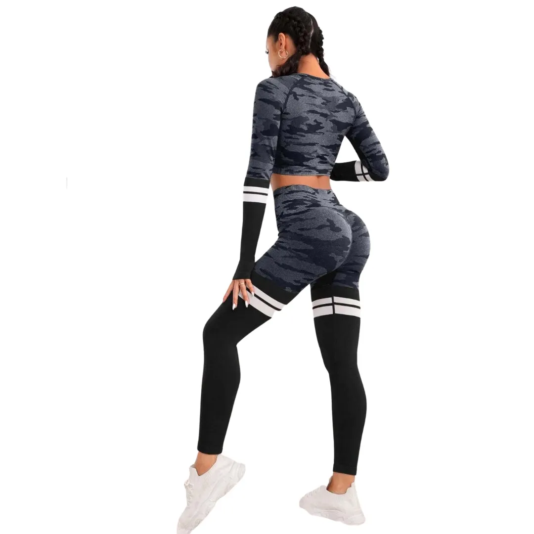 Leah Camo Print Striped Workout Set