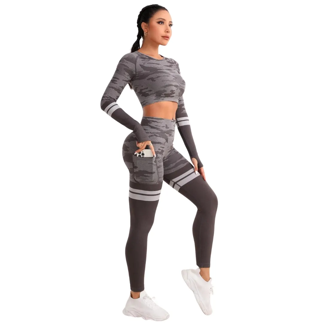 Leah Camo Print Striped Workout Set