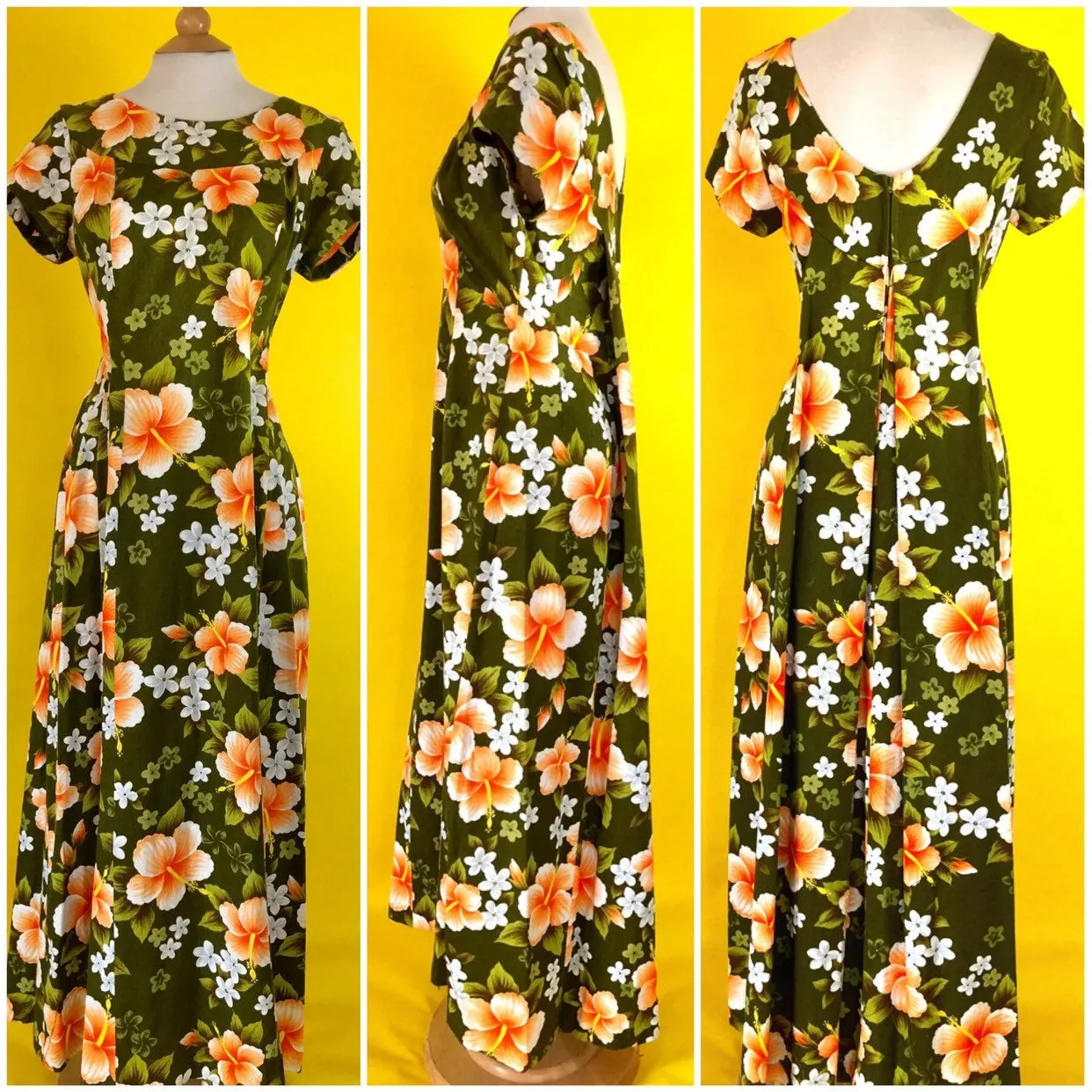 Live: 110 Vintage dress 1970s Green Hawaiian Flower