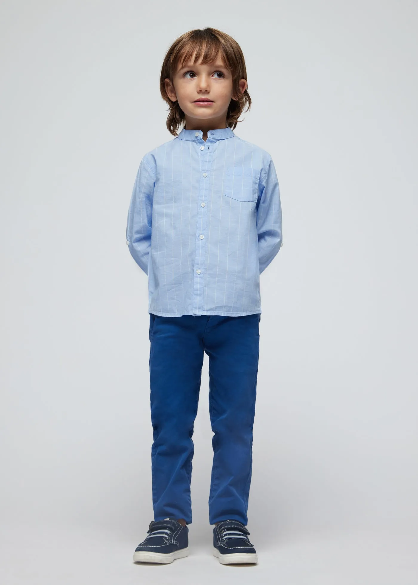 Mayoral Mini Long Sleeve Striped Mandarin Collar Dress Shirt_ 3121