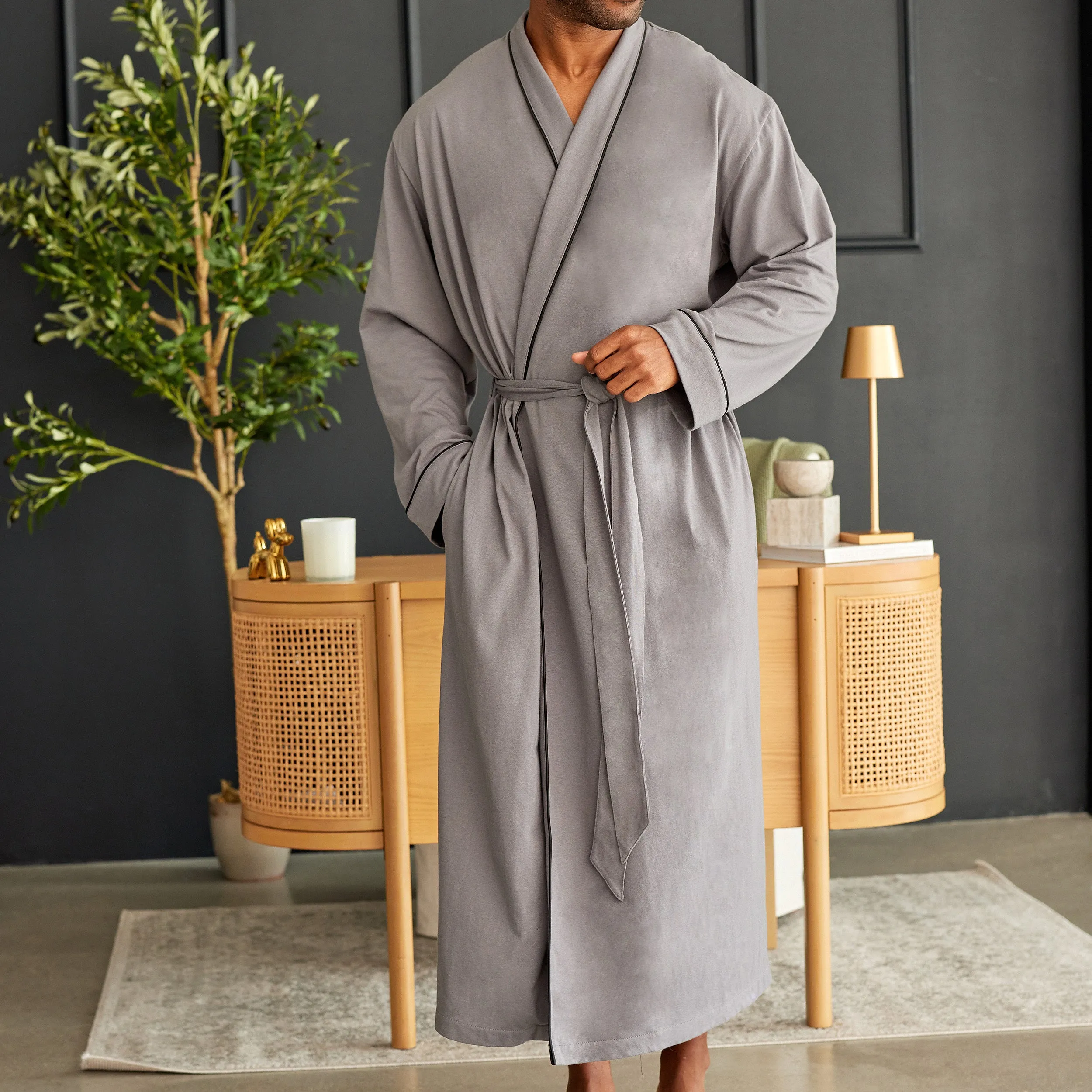 Mens Long Knit Lounge Robe with Pockets