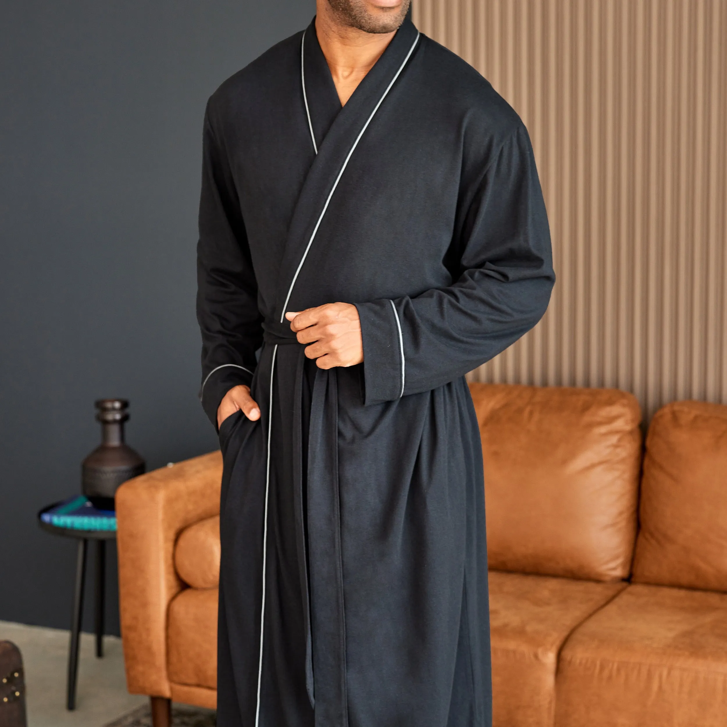 Mens Long Knit Lounge Robe with Pockets