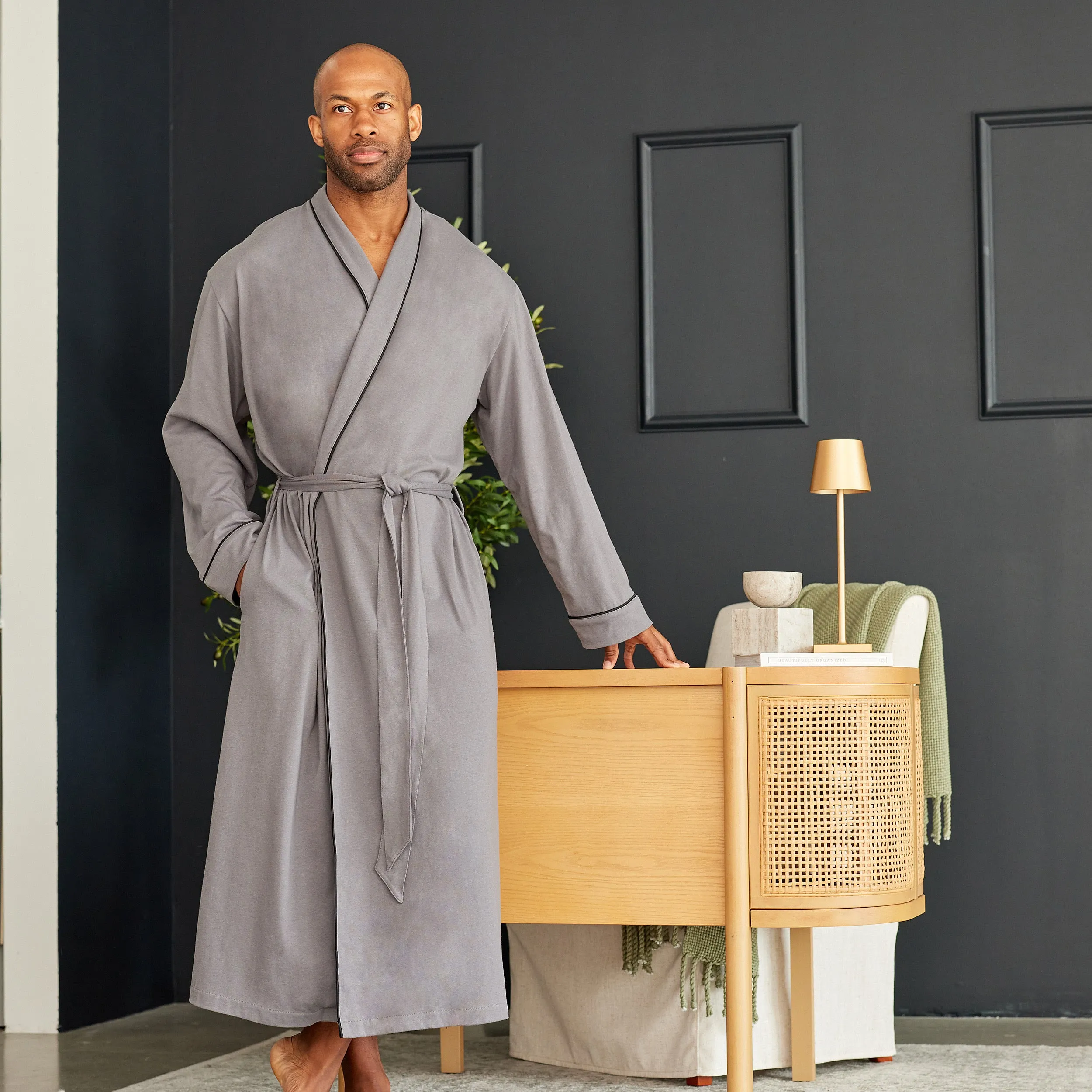 Mens Long Knit Lounge Robe with Pockets