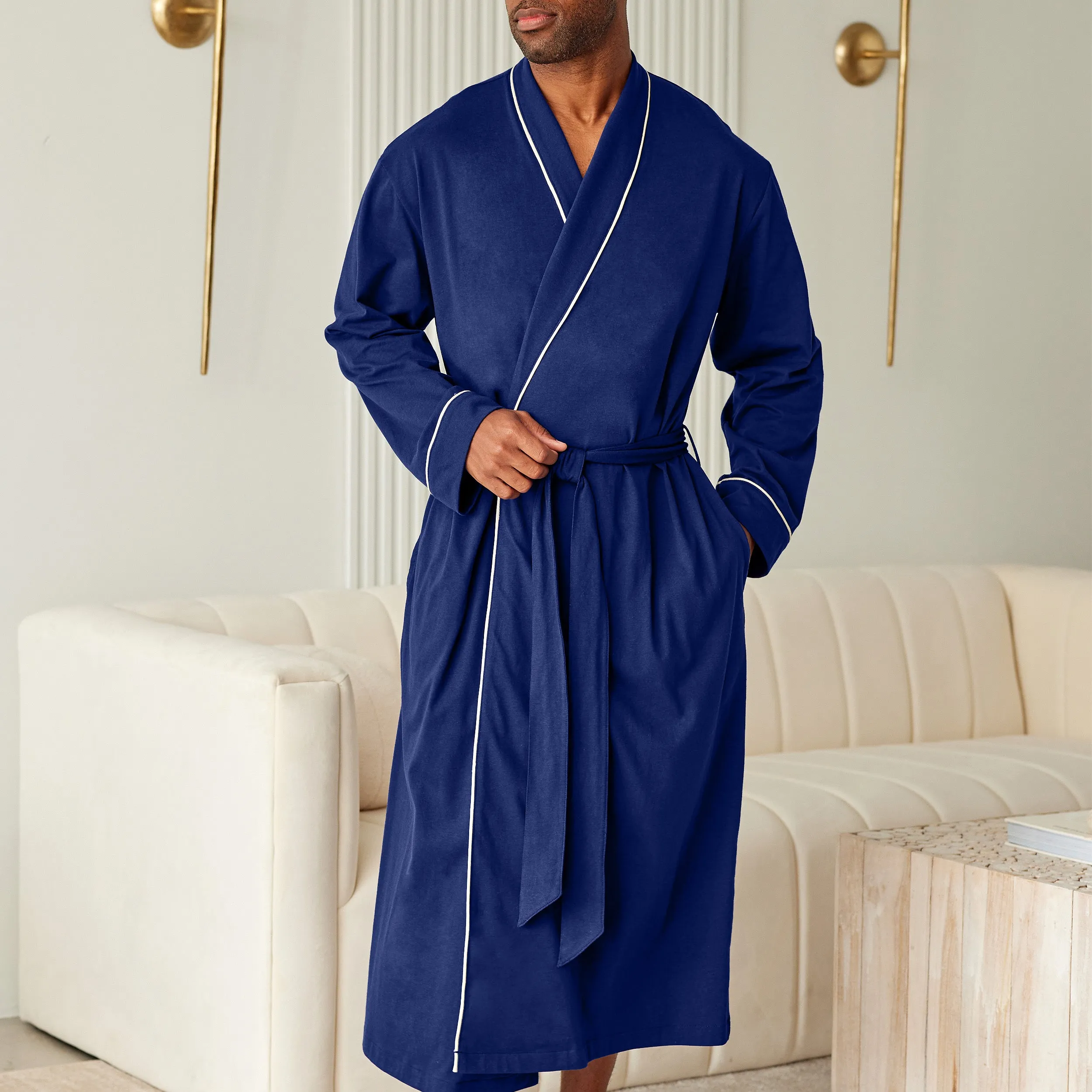 Mens Long Knit Lounge Robe with Pockets