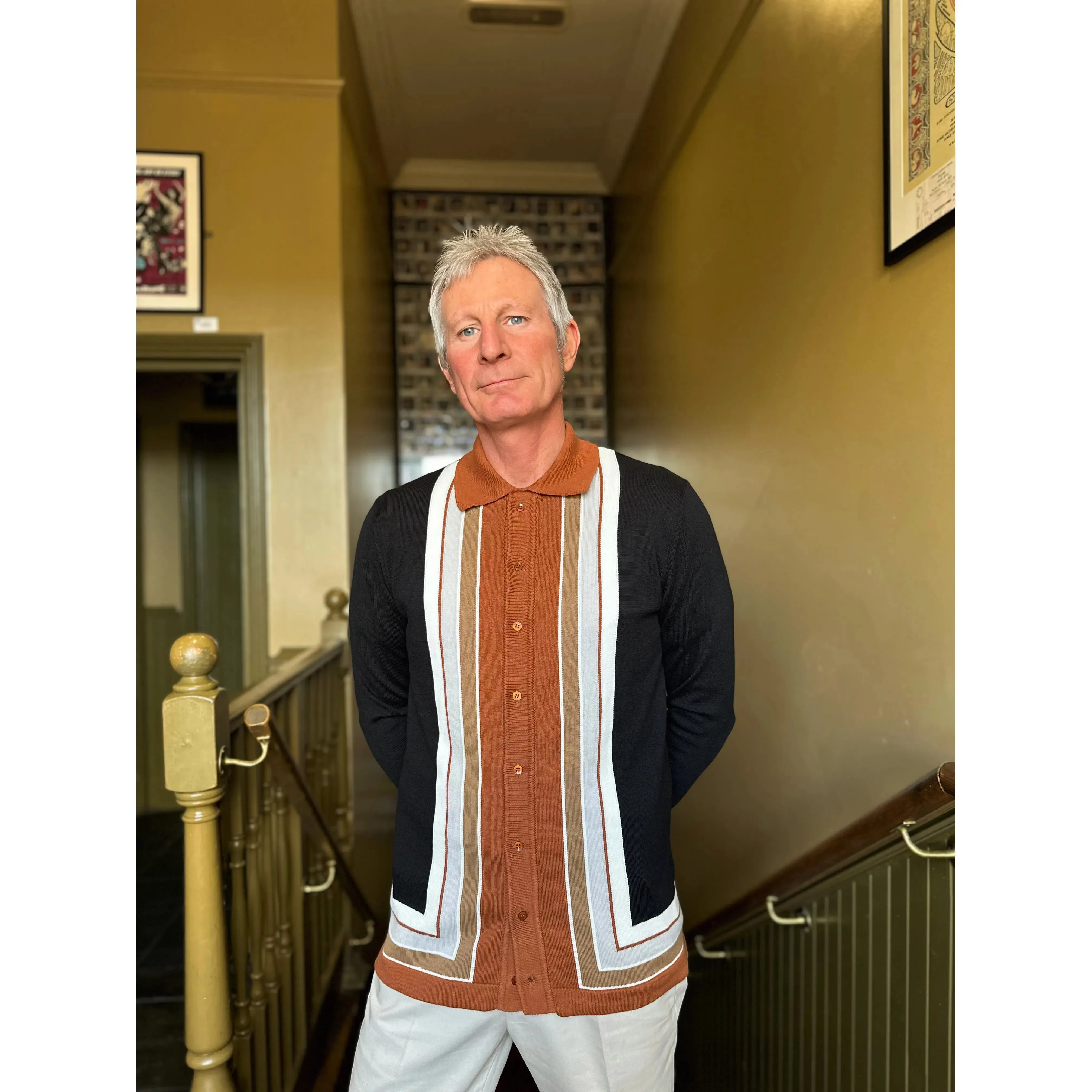 Mr Bridger - Curtis Graduated Stripe 'The Dark Chocolate’ Long Sleeve Button Through MB1116 - Polo Knit