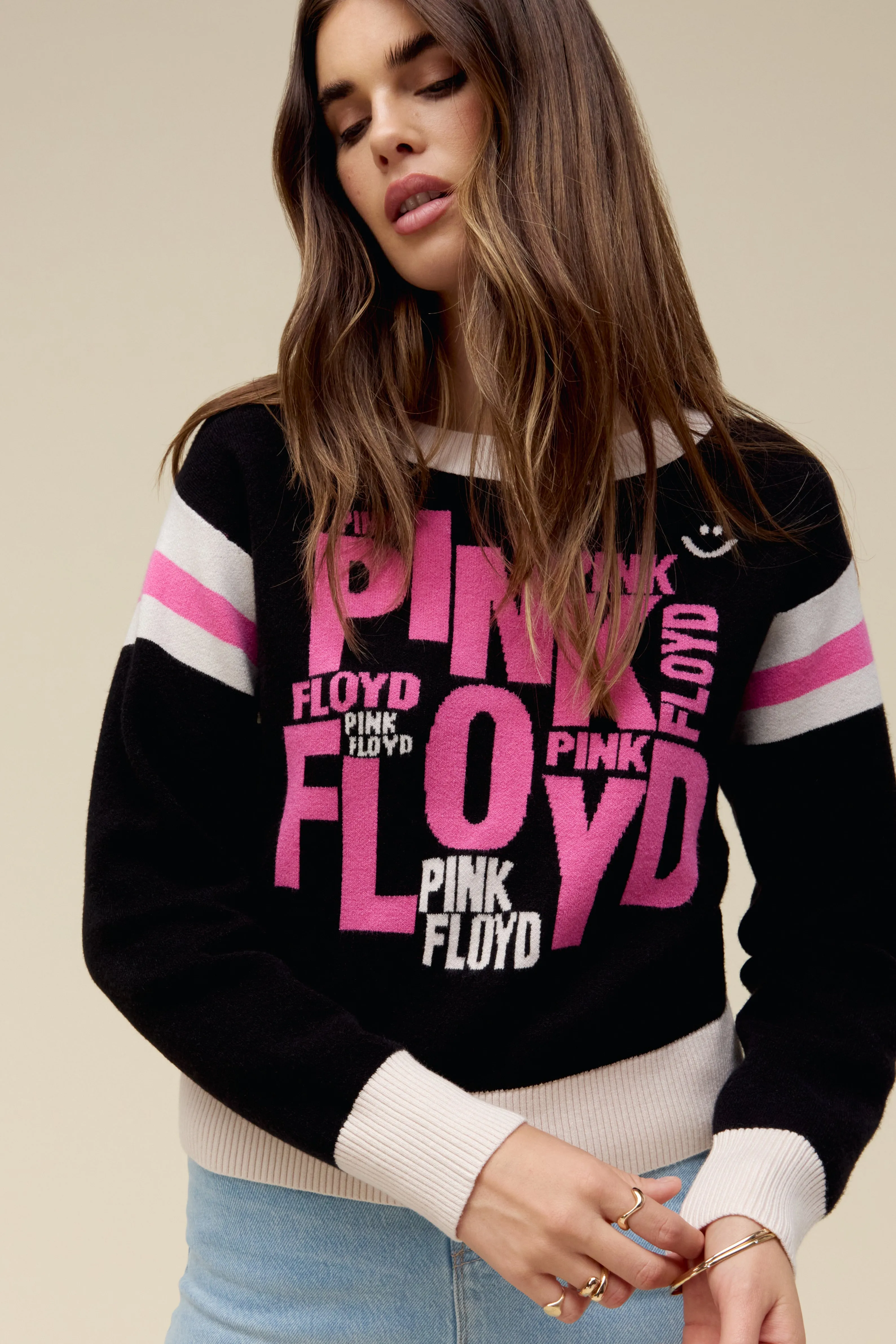 Pink Floyd Scattered Text Knit Pullover in Black