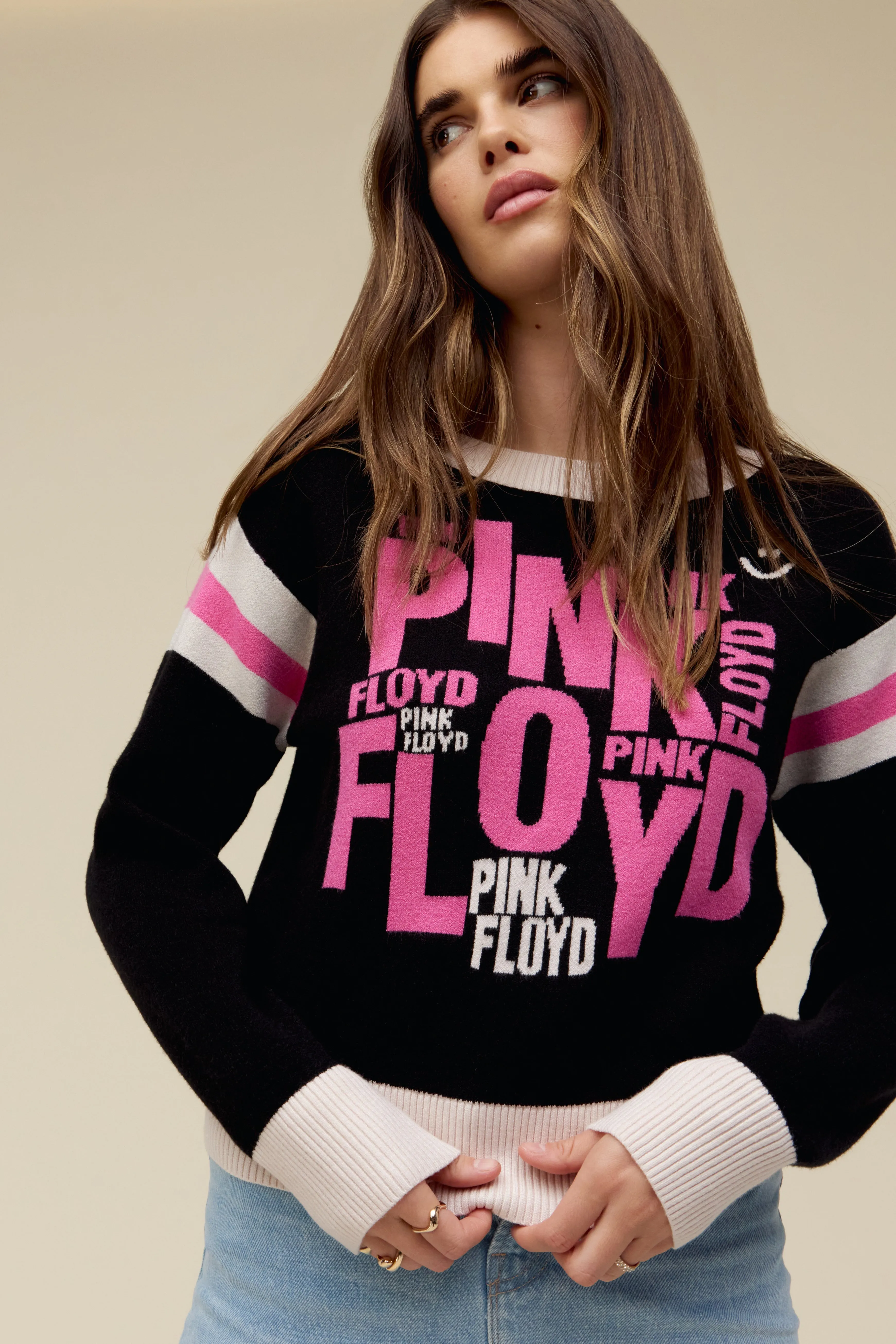 Pink Floyd Scattered Text Knit Pullover in Black