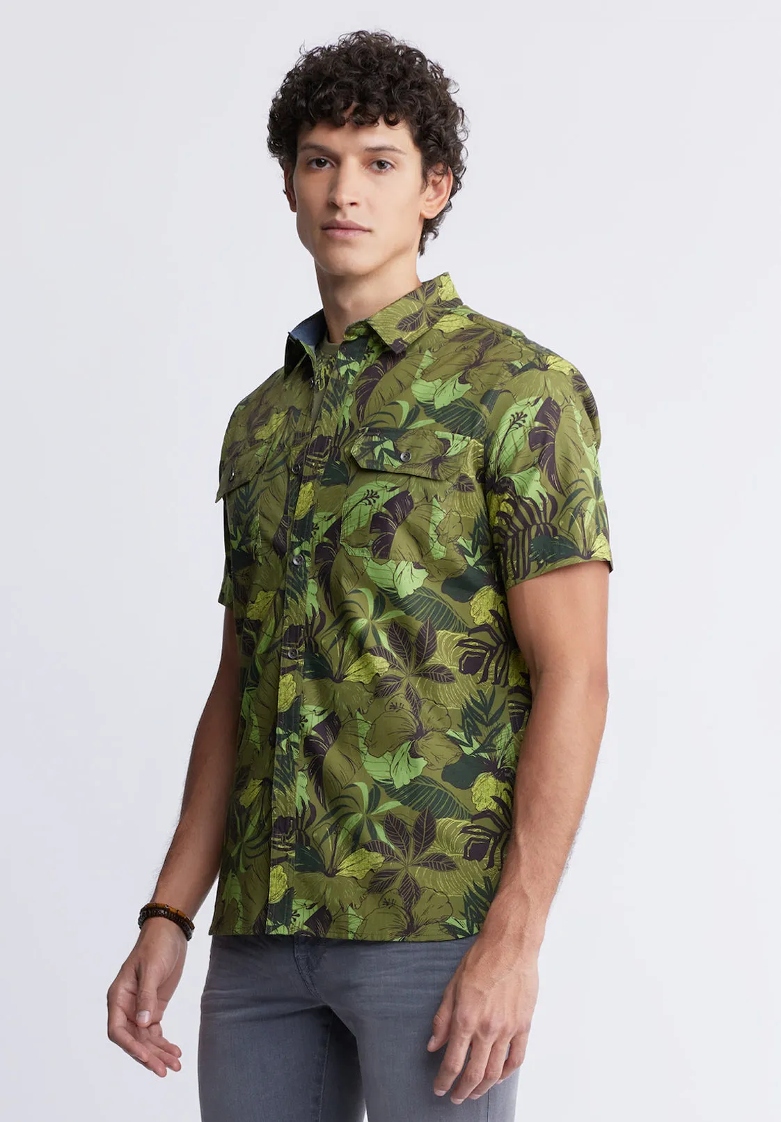 Sayool Men’s Short-Sleeve Printed Shirt in Sphagnum Green - BM24282