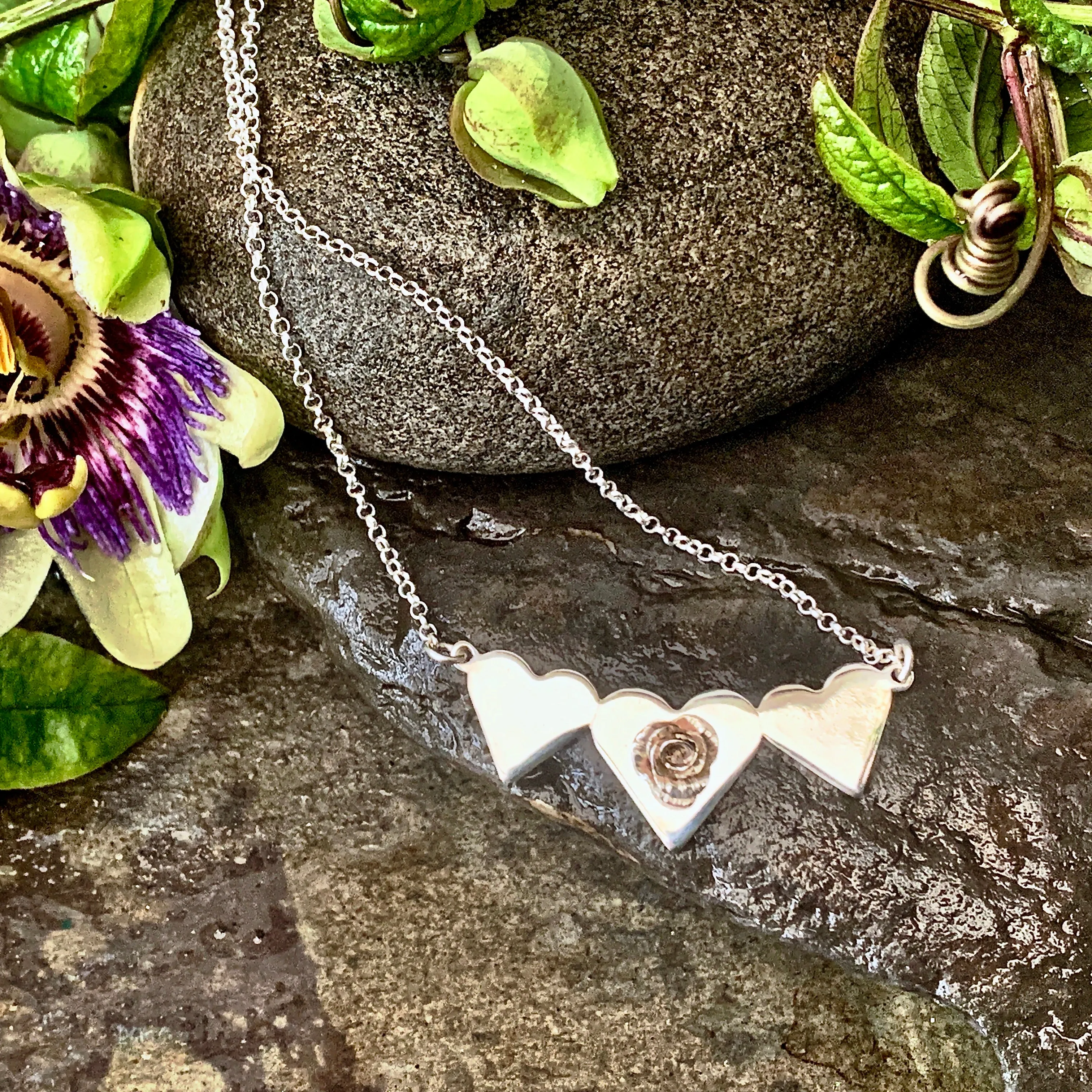 Triple heart and Rosebud Necklace